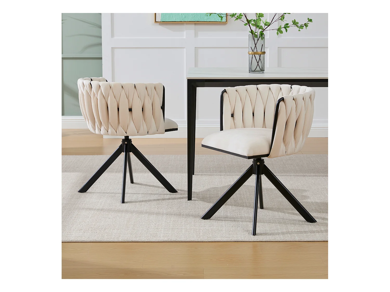 Lot de 2 chaises avec structure en métal - 56 x 50 x 70 cm - rotation à 180°- pieds noirs - velours - ivoire