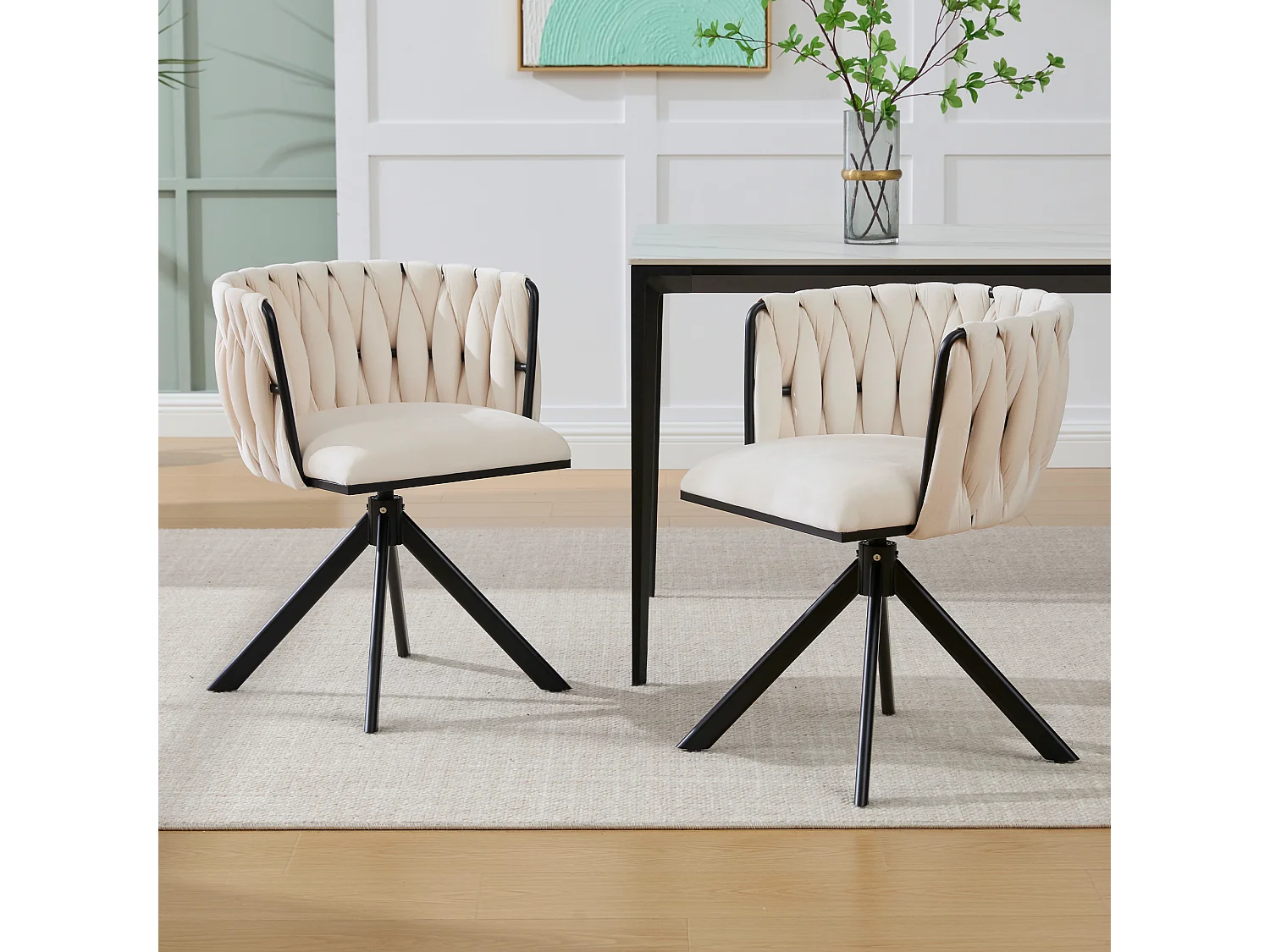 Set di 2 sedie con struttura in metallo - 56 x 50 x 70 cm - rotazione 180° - gambe nere - velluto - avorio