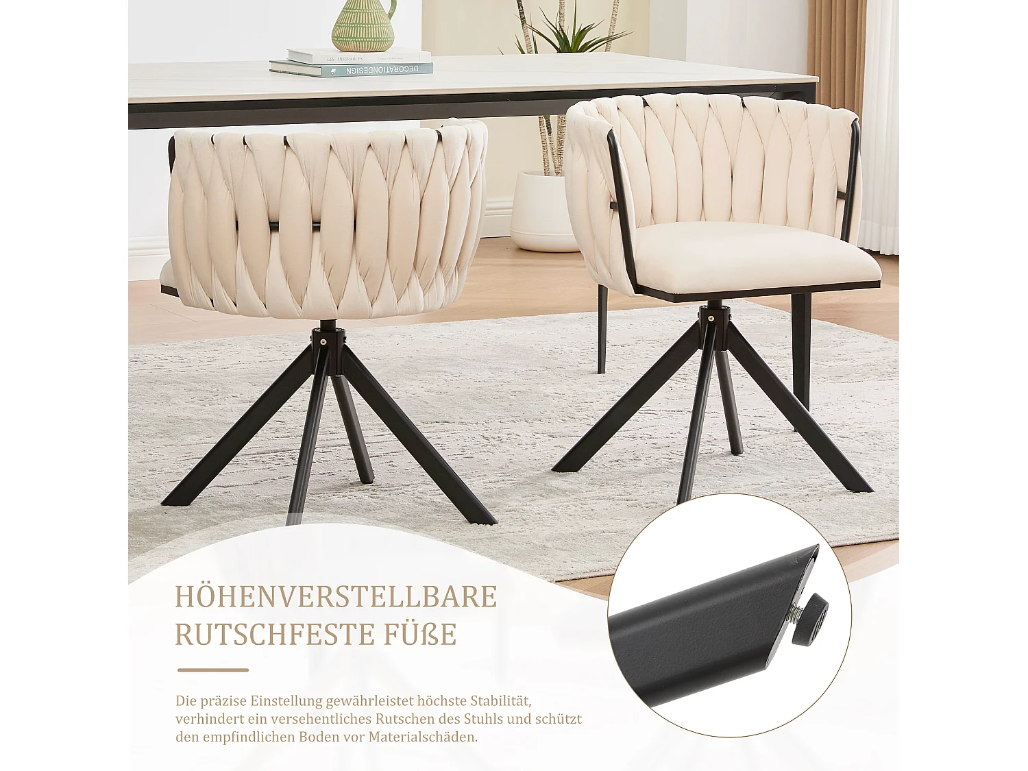 Set di 2 sedie con struttura in metallo - 56 x 50 x 70 cm - rotazione 180° - gambe nere - velluto - avorio