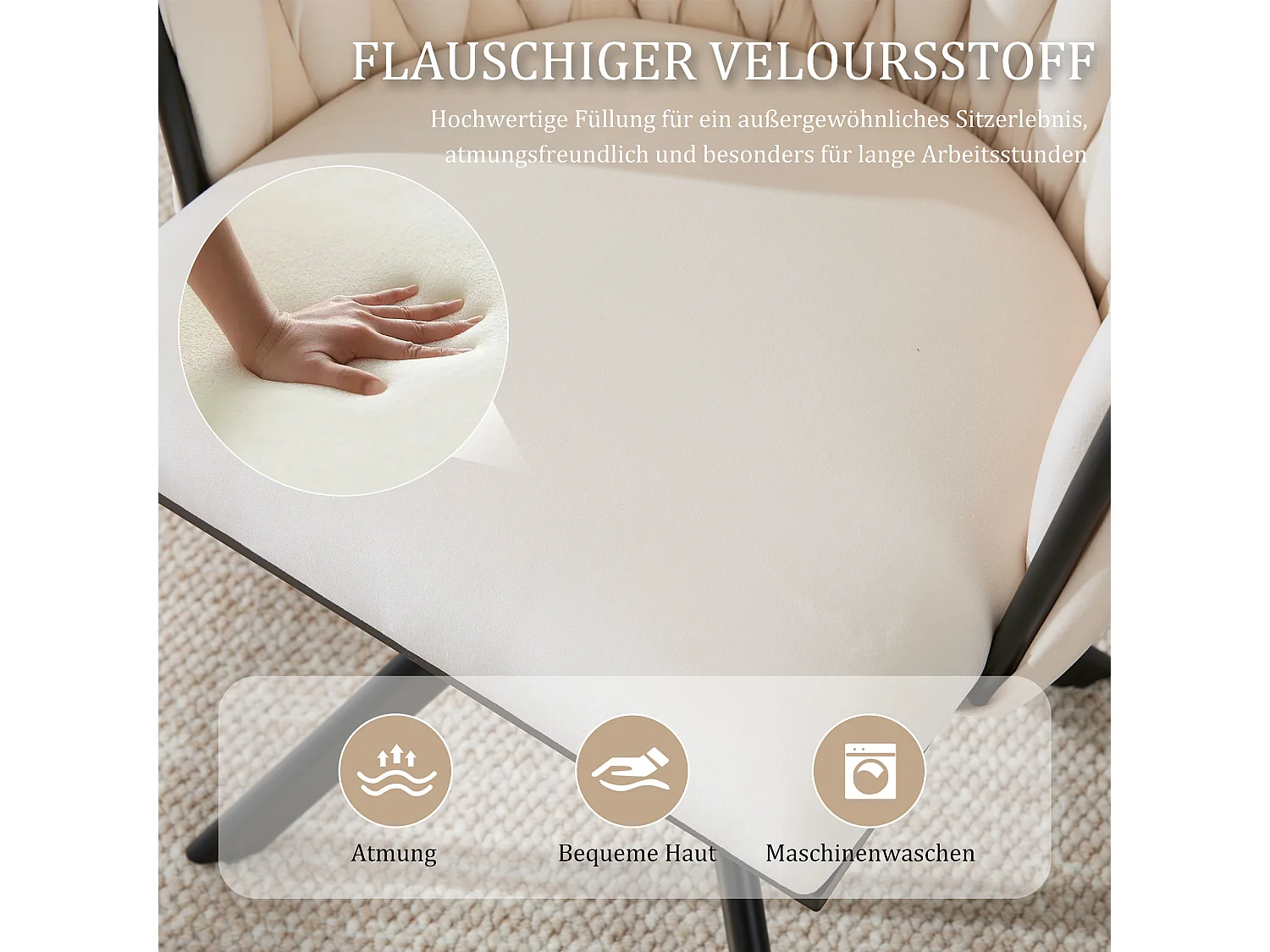 Set di 2 sedie con struttura in metallo - 56 x 50 x 70 cm - rotazione 180° - gambe nere - velluto - avorio