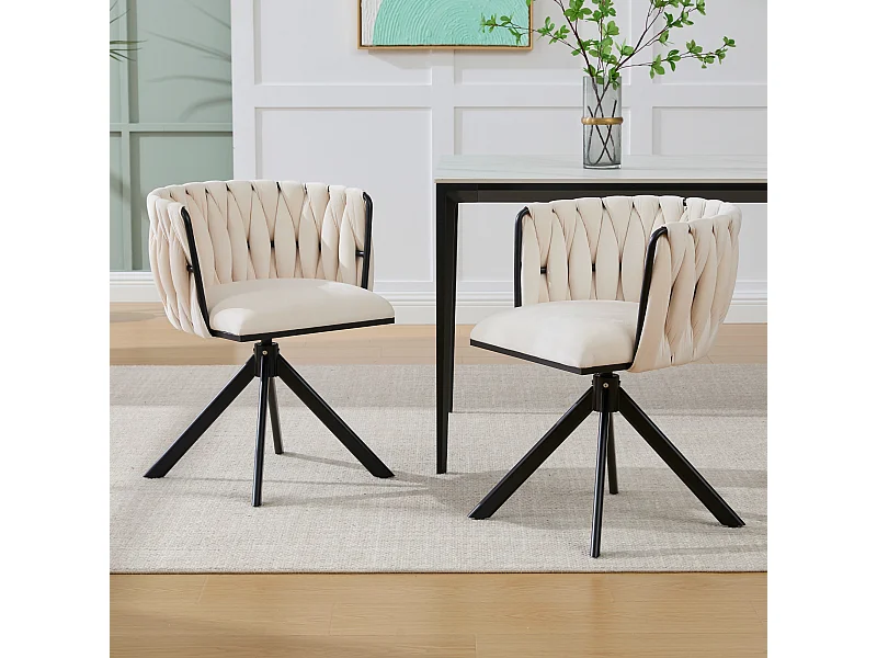 Set van 2 stoelen met metalen frame - 56 x 50 x 70 cm - 180° draaibaar - zwarte poten - fluweel - ivoor