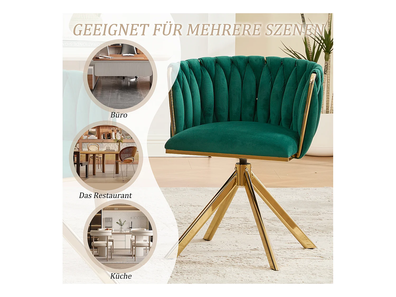 Lot de 2 chaises avec structure en métal - 56 x 50 x 70 cm - rotation à 180°- pieds dorés - velours - vert