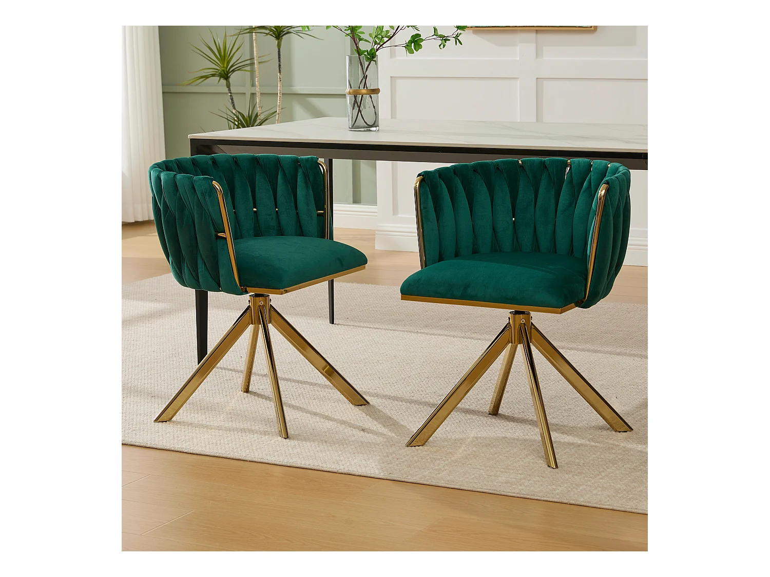 Lot de 2 chaises avec structure en métal - 56 x 50 x 70 cm - rotation à 180°- pieds dorés - velours - vert
