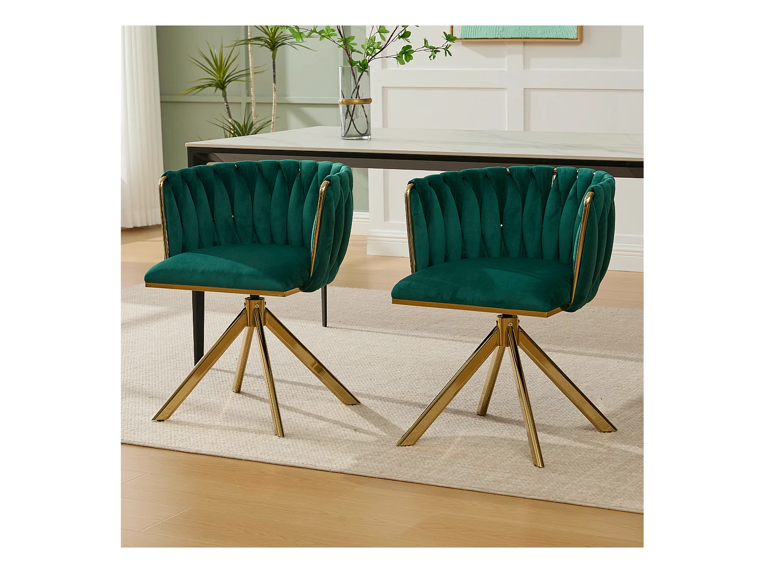 Lot de 2 chaises avec structure en métal - 56 x 50 x 70 cm - rotation à 180°- pieds dorés - velours - vert