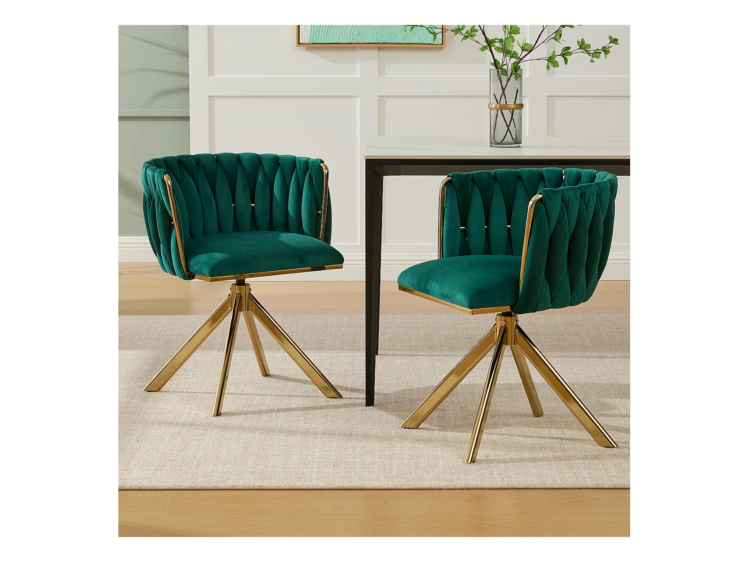 Lot de 2 chaises avec structure en métal - 56 x 50 x 70 cm - rotation à 180°- pieds dorés - velours - vert