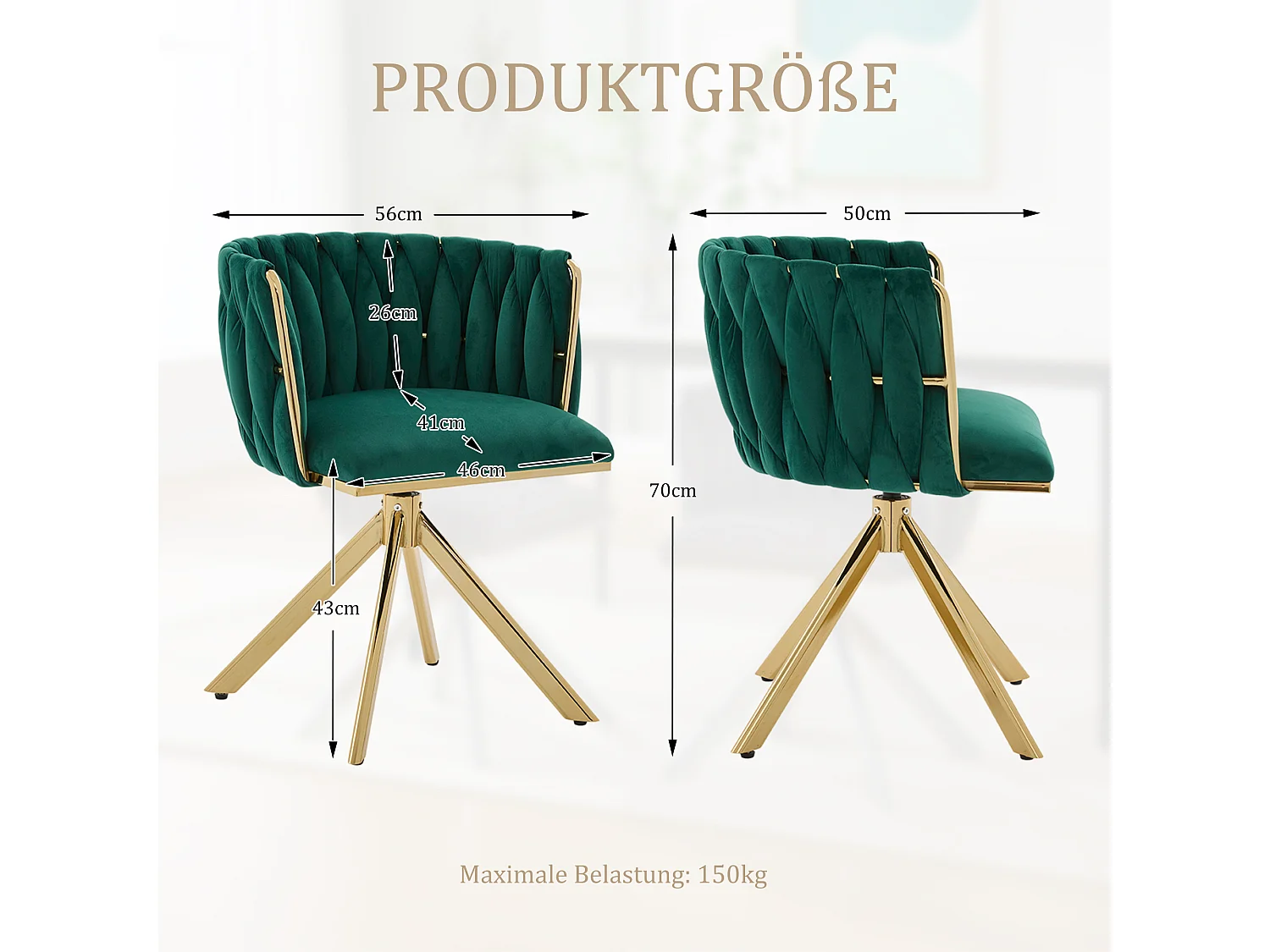 Set di 2 sedie con struttura in metallo - 56 x 50 x 70 cm - rotazione 180° - gambe dorate - velluto - verde