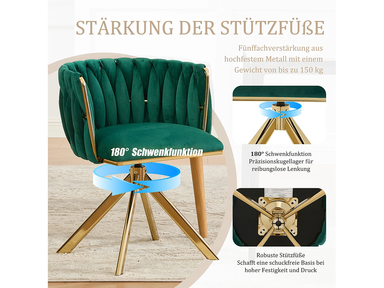 Set di 2 sedie con struttura in metallo - 56 x 50 x 70 cm - rotazione 180° - gambe dorate - velluto - verde