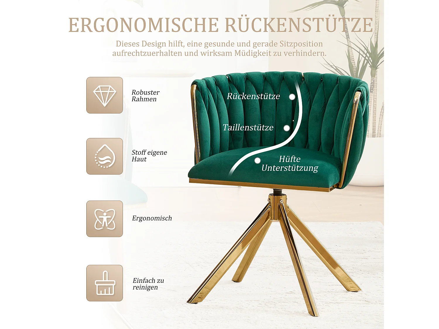 Set di 2 sedie con struttura in metallo - 56 x 50 x 70 cm - rotazione 180° - gambe dorate - velluto - verde