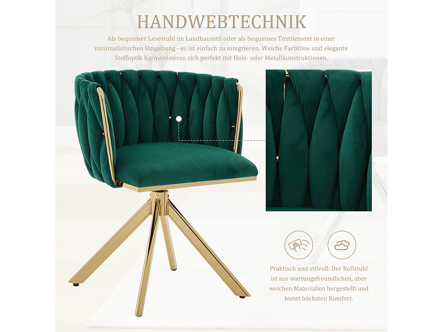Set di 2 sedie con struttura in metallo - 56 x 50 x 70 cm - rotazione 180° - gambe dorate - velluto - verde
