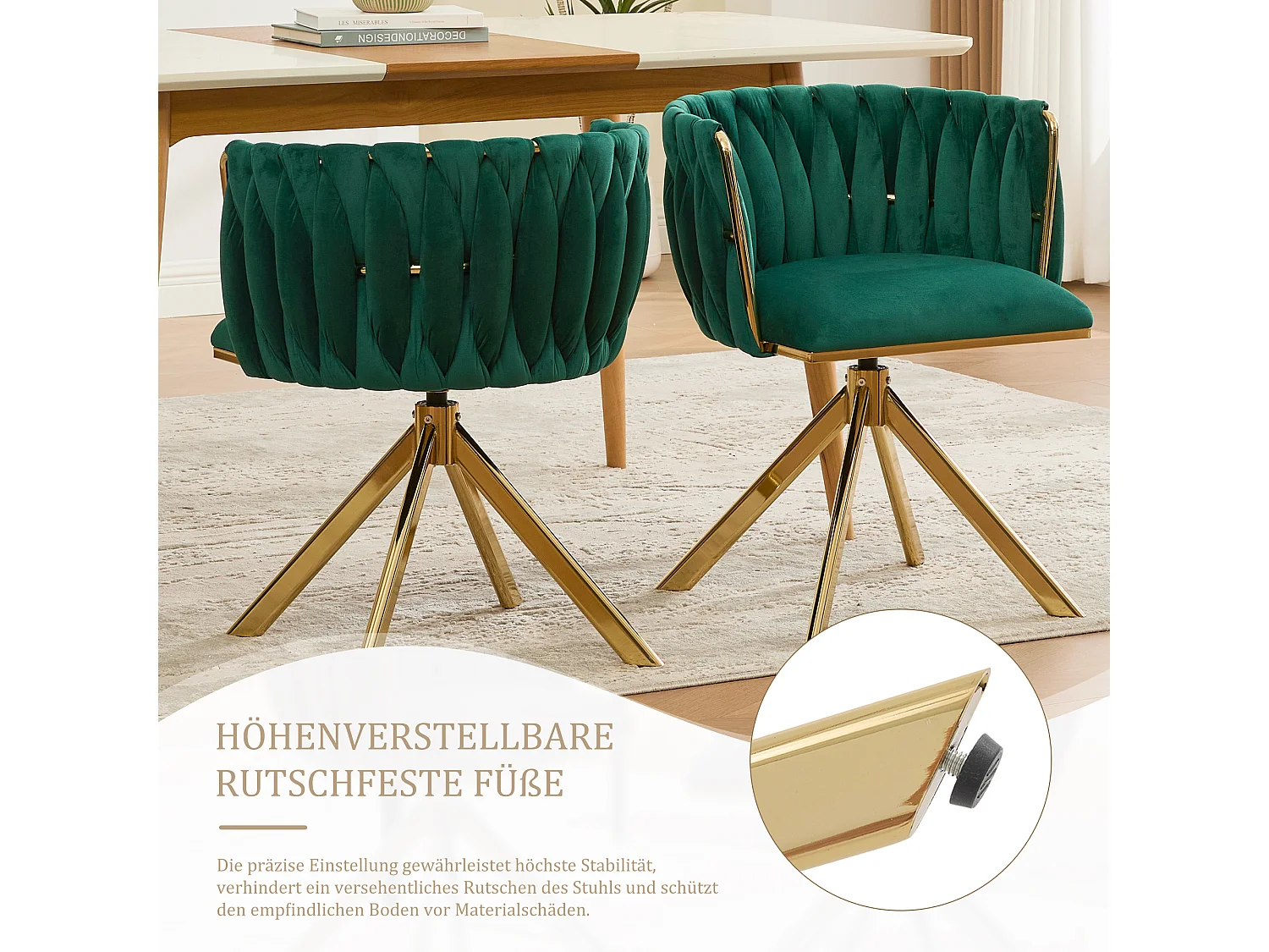Set di 2 sedie con struttura in metallo - 56 x 50 x 70 cm - rotazione 180° - gambe dorate - velluto - verde