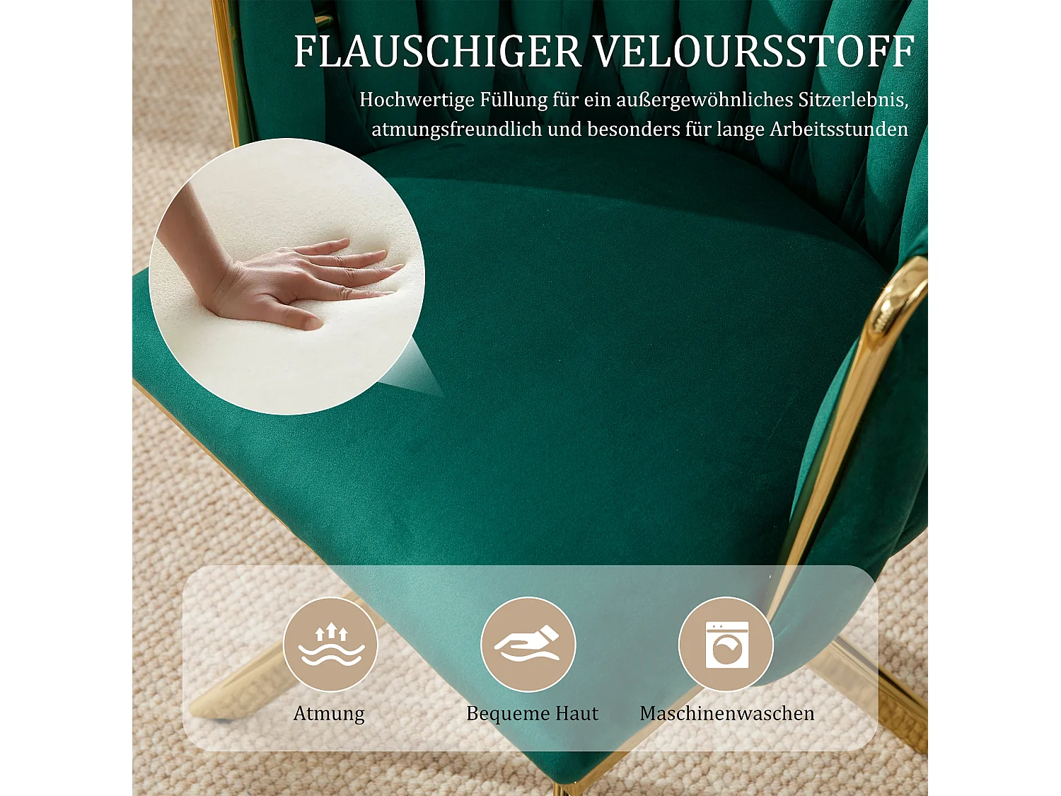 Set di 2 sedie con struttura in metallo - 56 x 50 x 70 cm - rotazione 180° - gambe dorate - velluto - verde