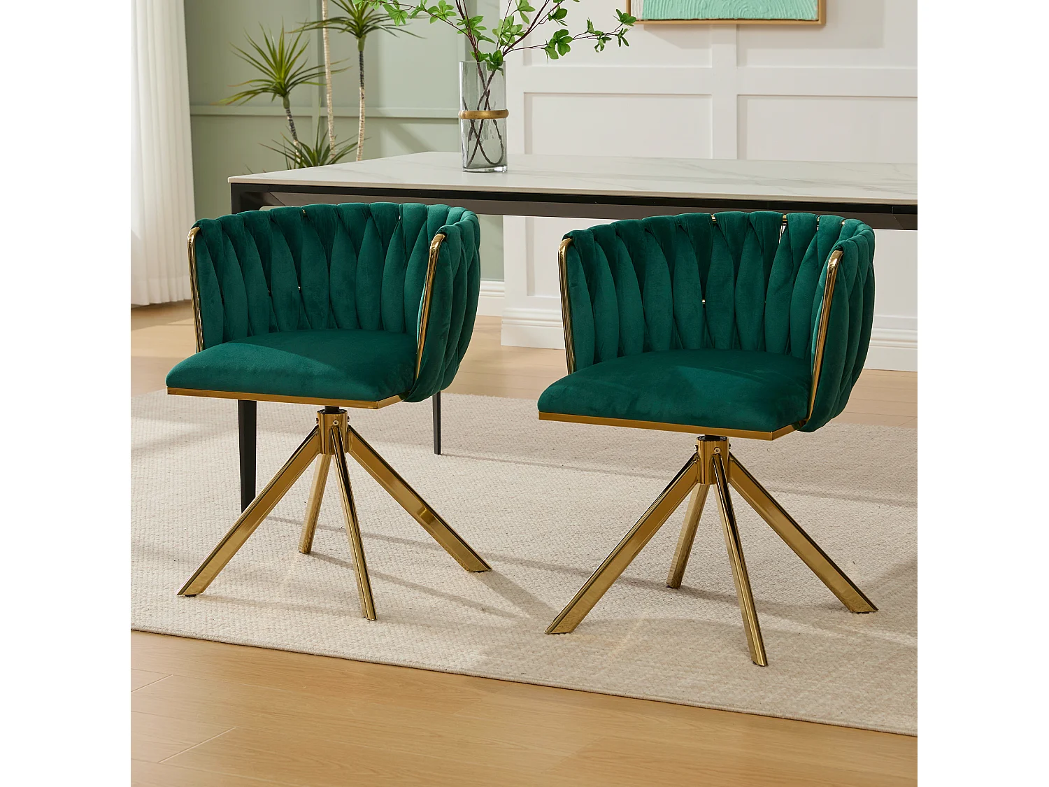 Set di 2 sedie con struttura in metallo - 56 x 50 x 70 cm - rotazione 180° - gambe dorate - velluto - verde