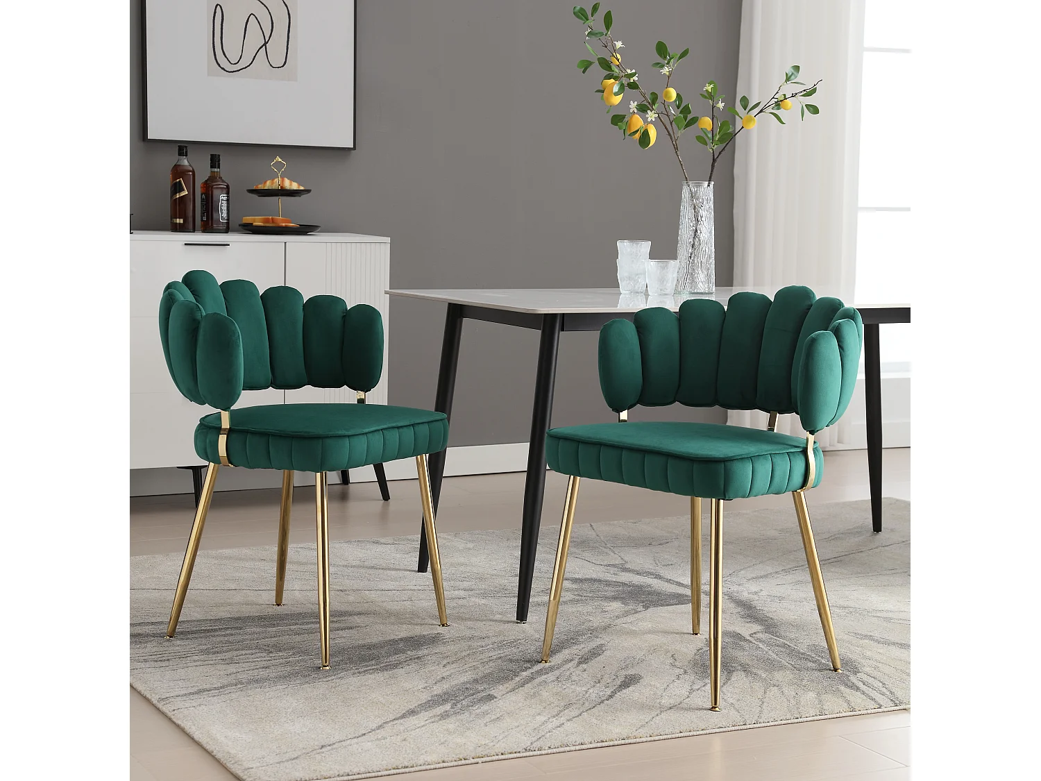 Set van 2 moderne stoelen - 58 x 56 x 78 cm - met florale rugleuning + ronde armleuningen - fluweel - groen