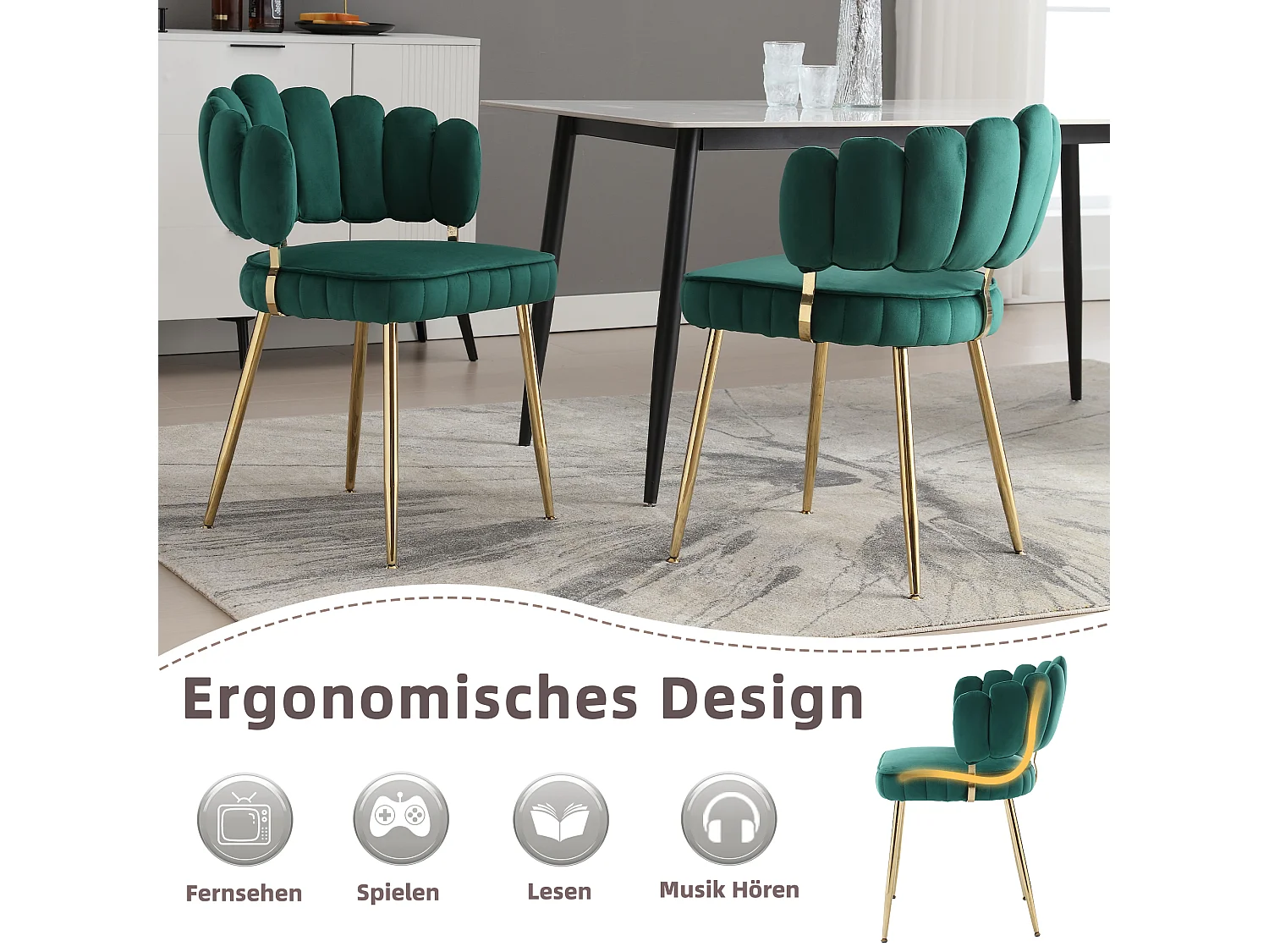 Set van 2 moderne stoelen - 58 x 56 x 78 cm - met florale rugleuning + ronde armleuningen - fluweel - groen