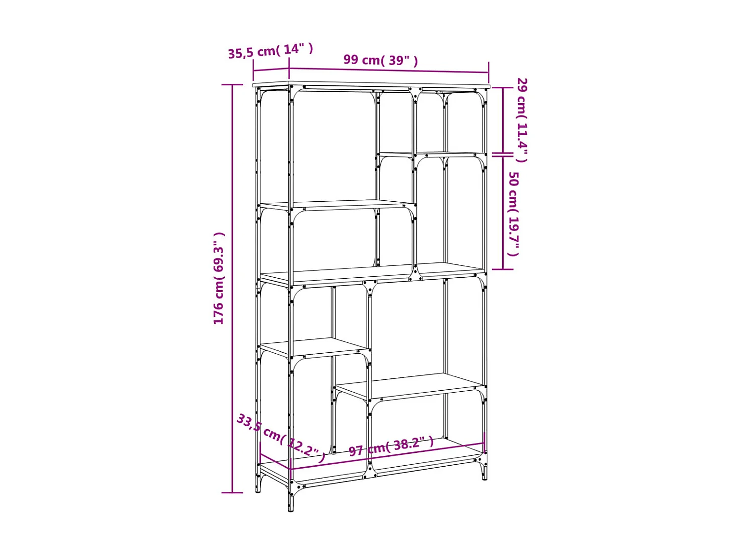 Bibliothèque chêne sonoma 99x35,5x176 cm bois ingénierie acier