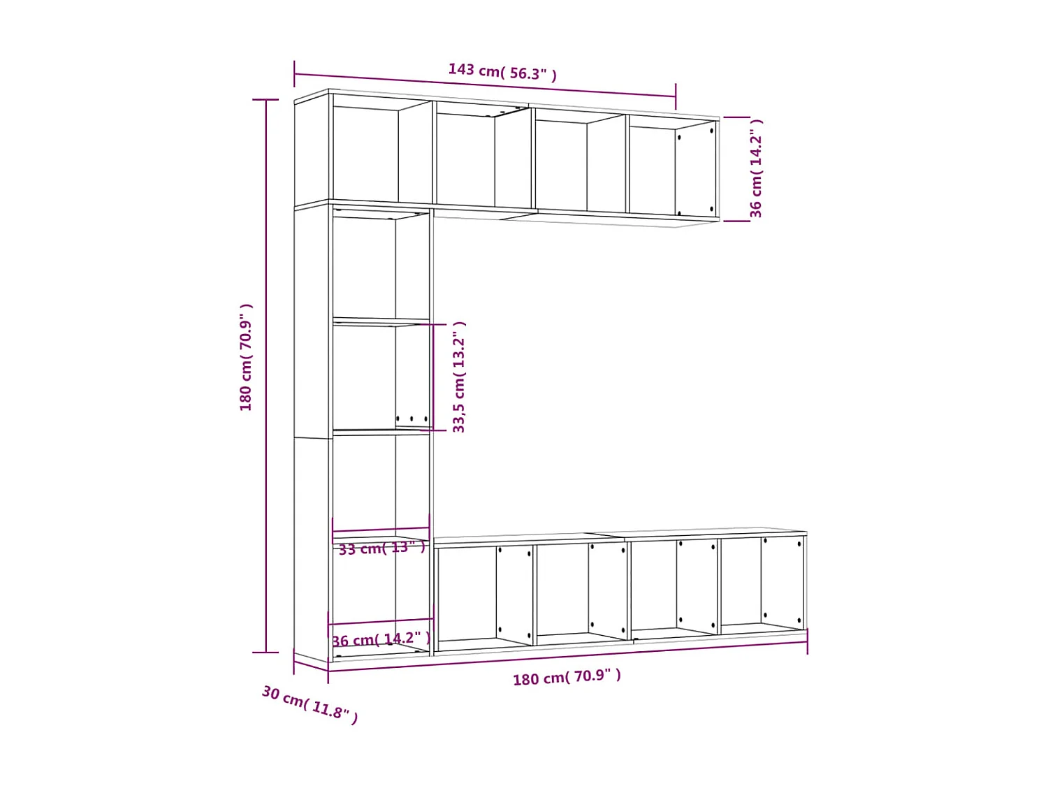 Ensemble bibliothèque/meuble TV 3 pcs Chêne fumé 180x30x180 cm