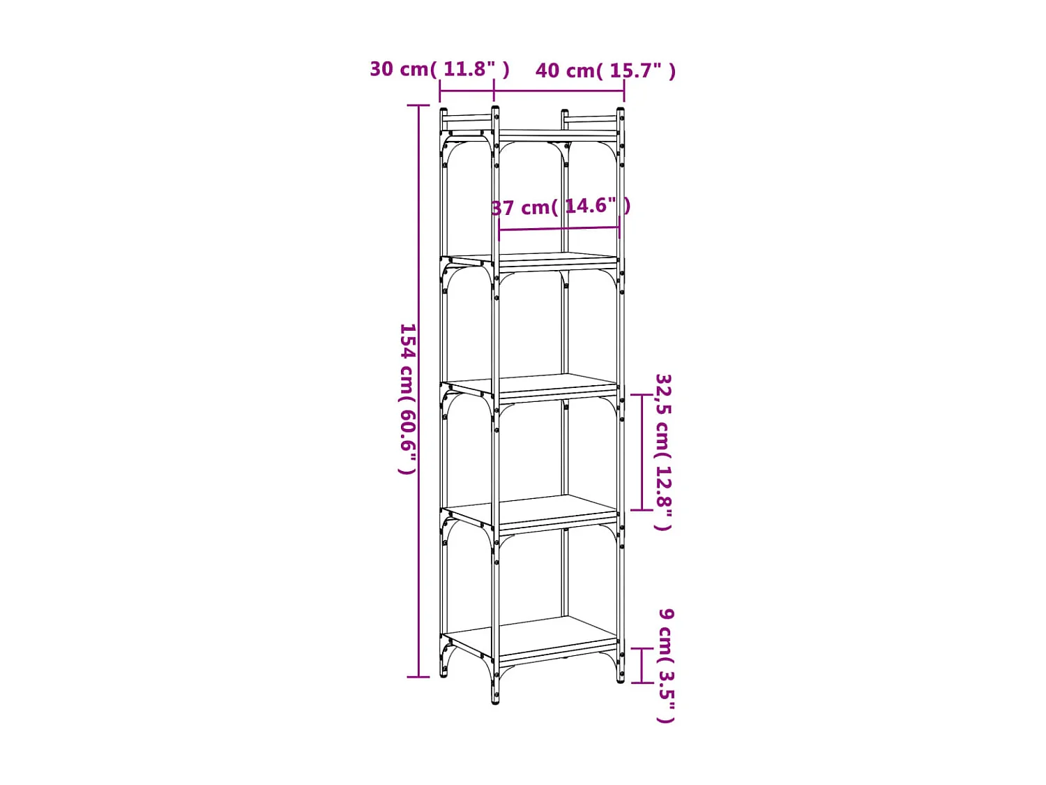 Librería Sonoma gris de 5 niveles, 40 x 30 x 154 cm