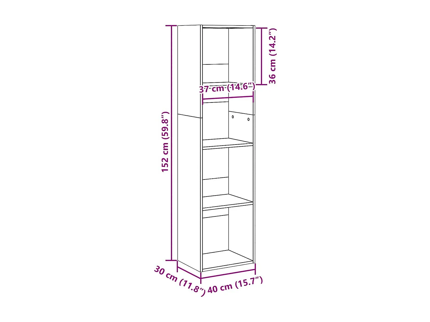 Oude houten boekenkast 40x30x152 cm bewerkt hout