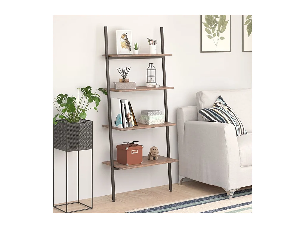 Scaffale inclinato a 4 ripiani marrone scuro e nero 64x34x150,5 cm