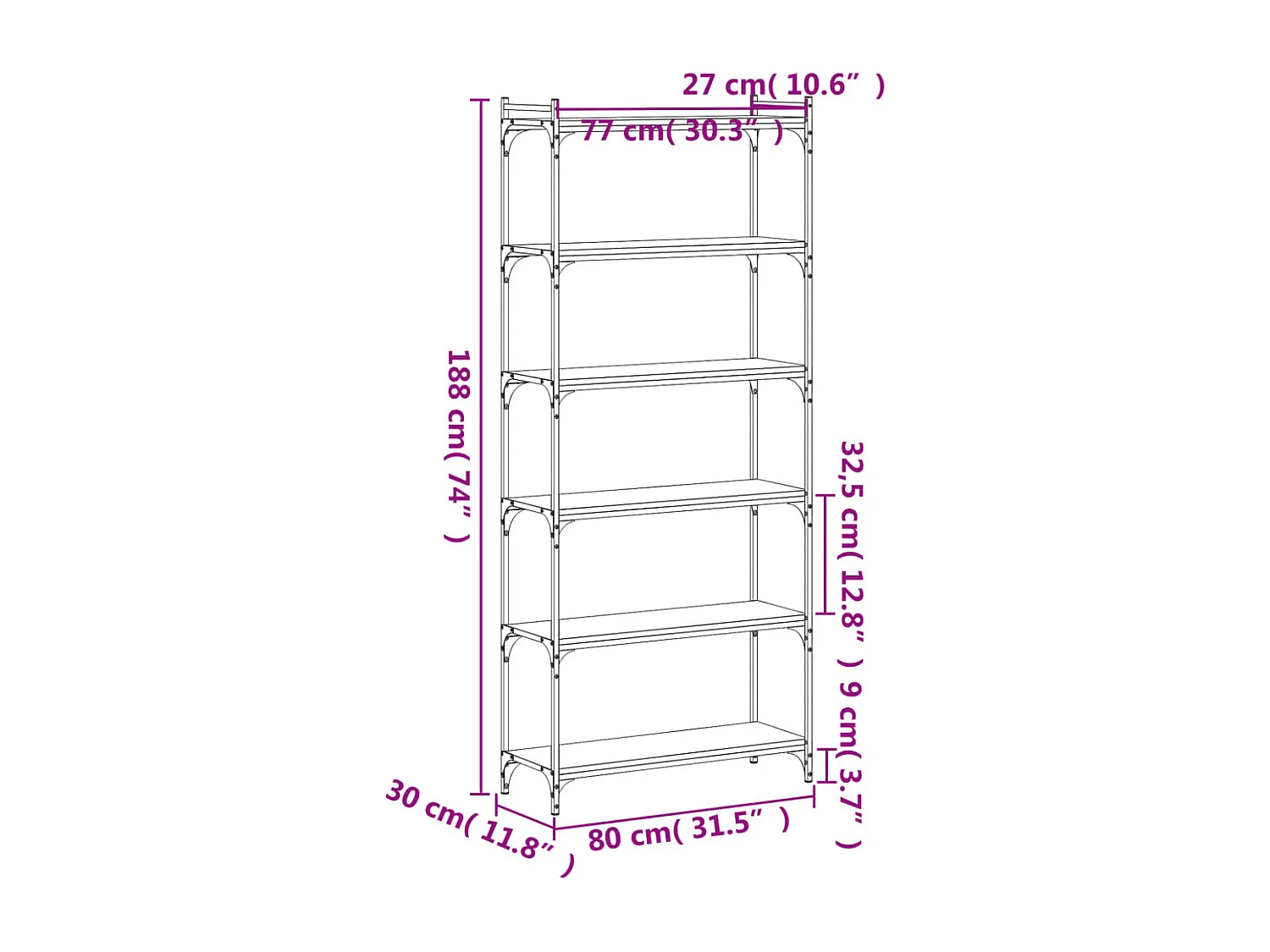 Sonoma Grey 6-laags boekenkast 80x30x188cm bewerkt hout