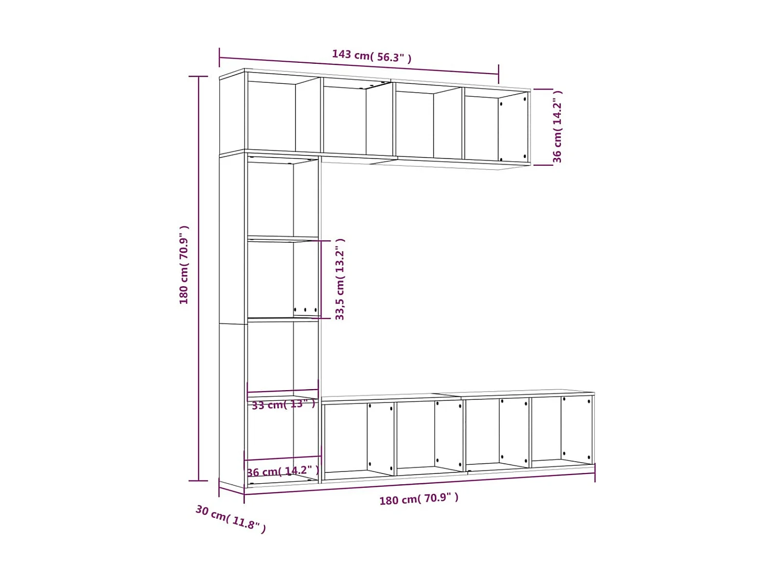 Set libreria/mobile TV da 3 pezzi, rovere marrone, 180x30x180cm