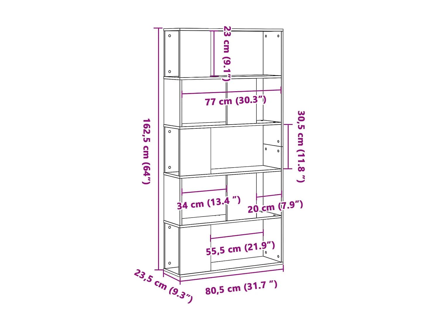 Librería de madera de ingeniería de roble ahumado de 5 niveles