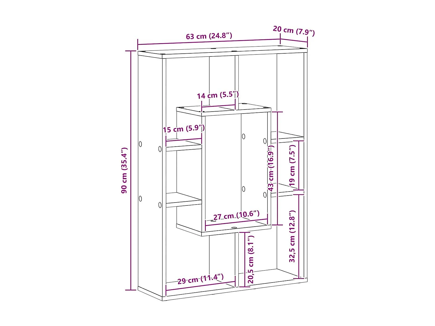 Bücherregal aus schwarzer Eiche, 63 x 20 x 90 cm, Holzwerkstoff