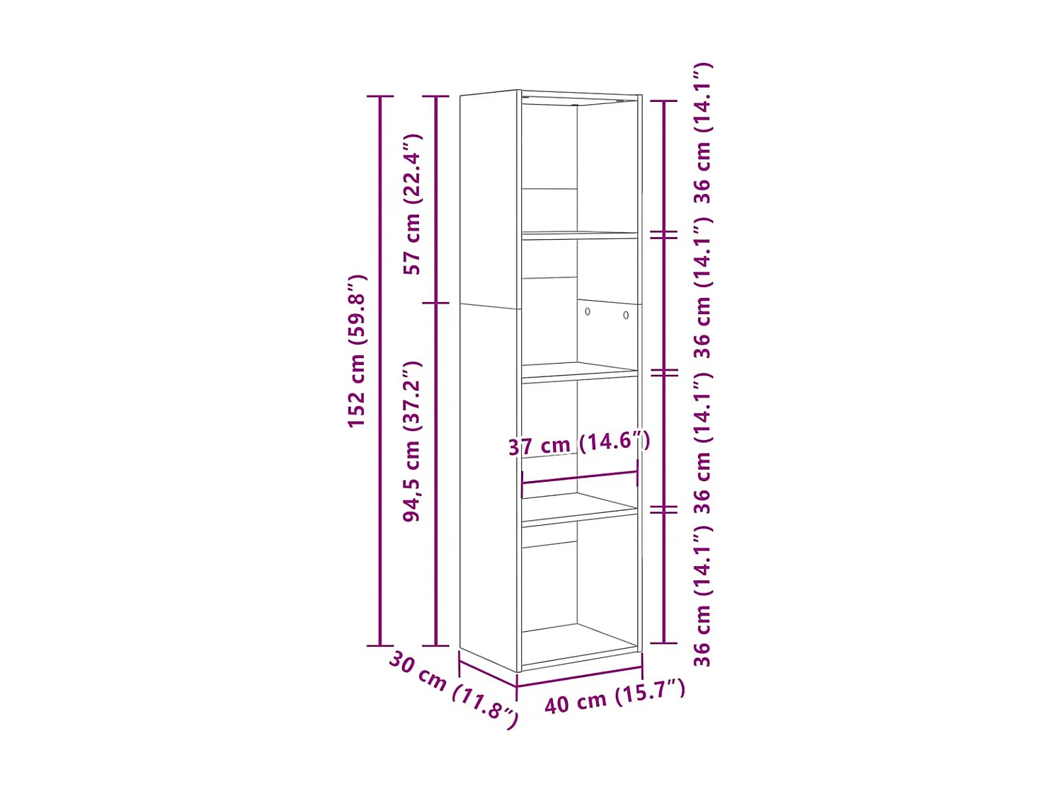 Gerookte eikenhouten boekenkast 40x30x152 cm bewerkt hout