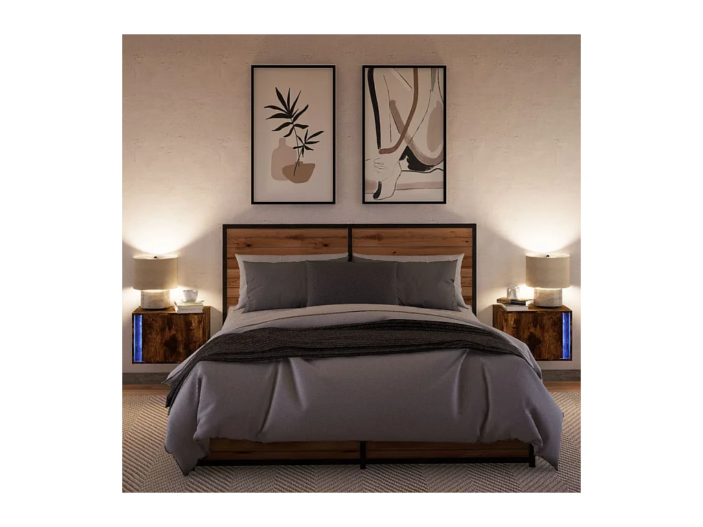 Comodini da parete con luci LED 2 pezzi rovere affumicato