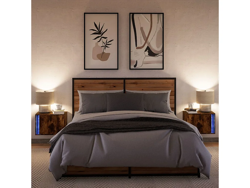 Comodini da parete con luci LED 2 pezzi rovere affumicato