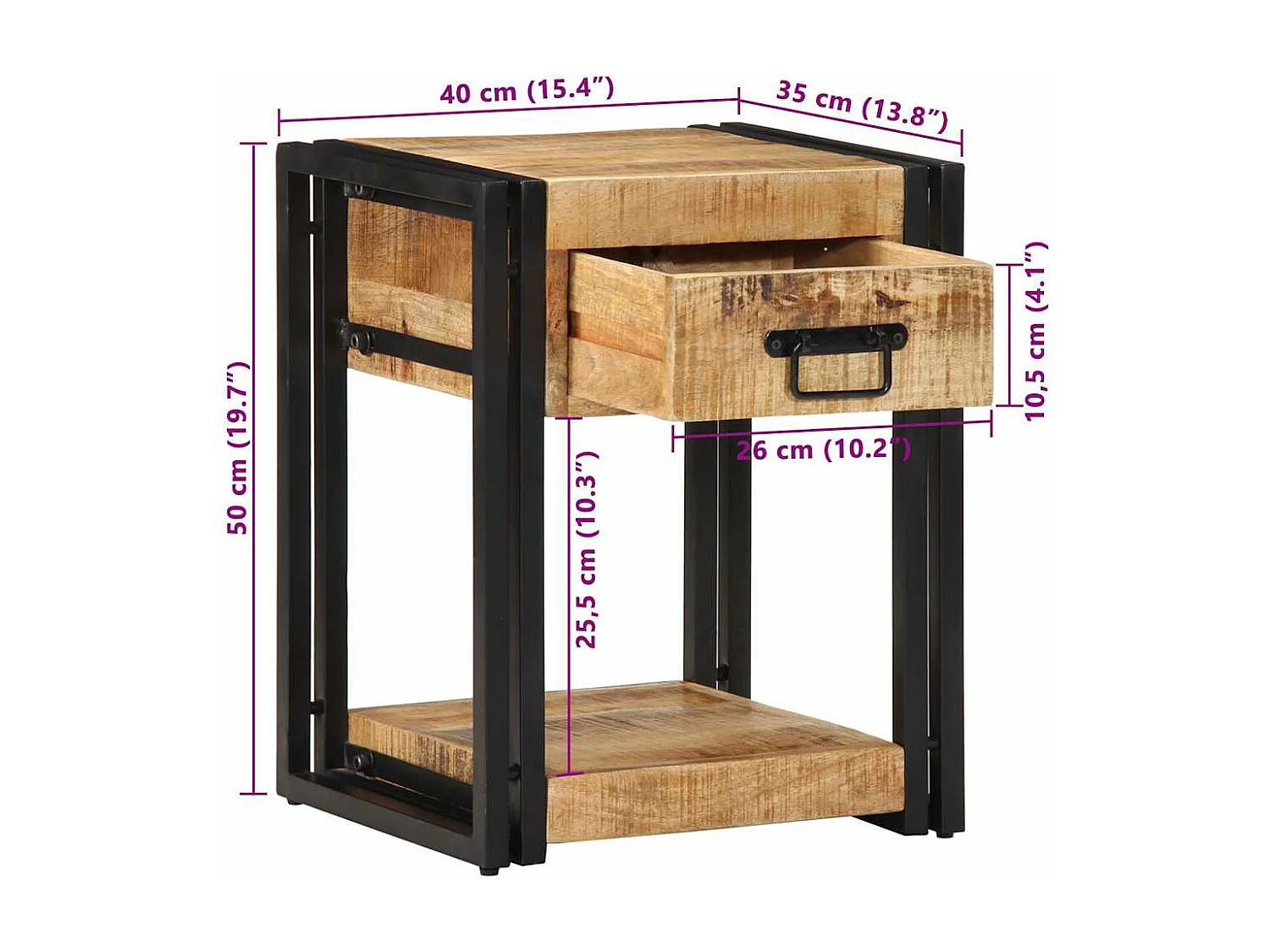 Table de chevet 40x35x50 cm bois brut massif de manguier