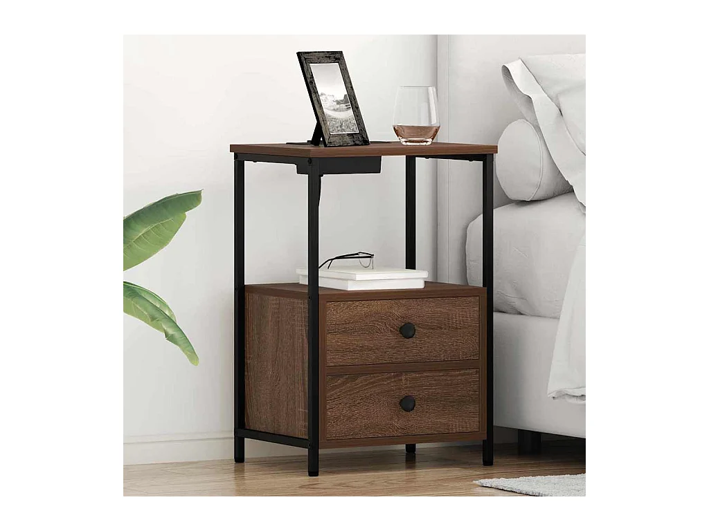 Mesita de noche con estación de carga 2 piezas Roble Marrón