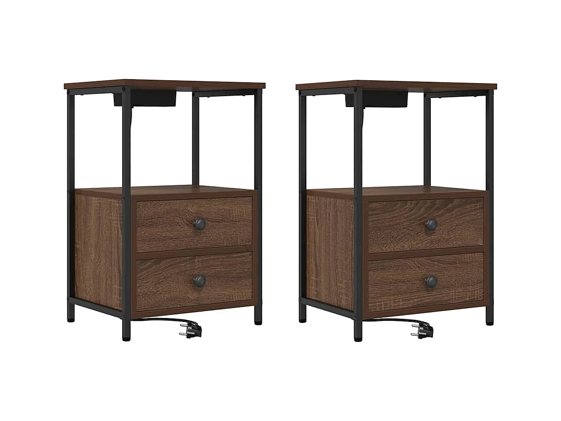 Mesita de noche con estación de carga 2 piezas Roble Marrón