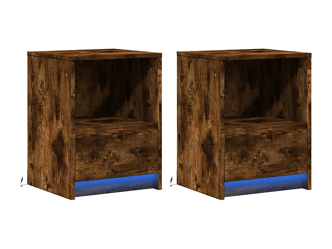 Armoires de chevet et lumières LED 2 pcs chêne fumé