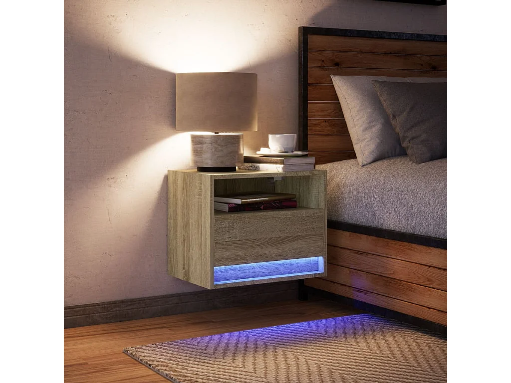 Table de chevet murale avec lumières LED chêne sonoma