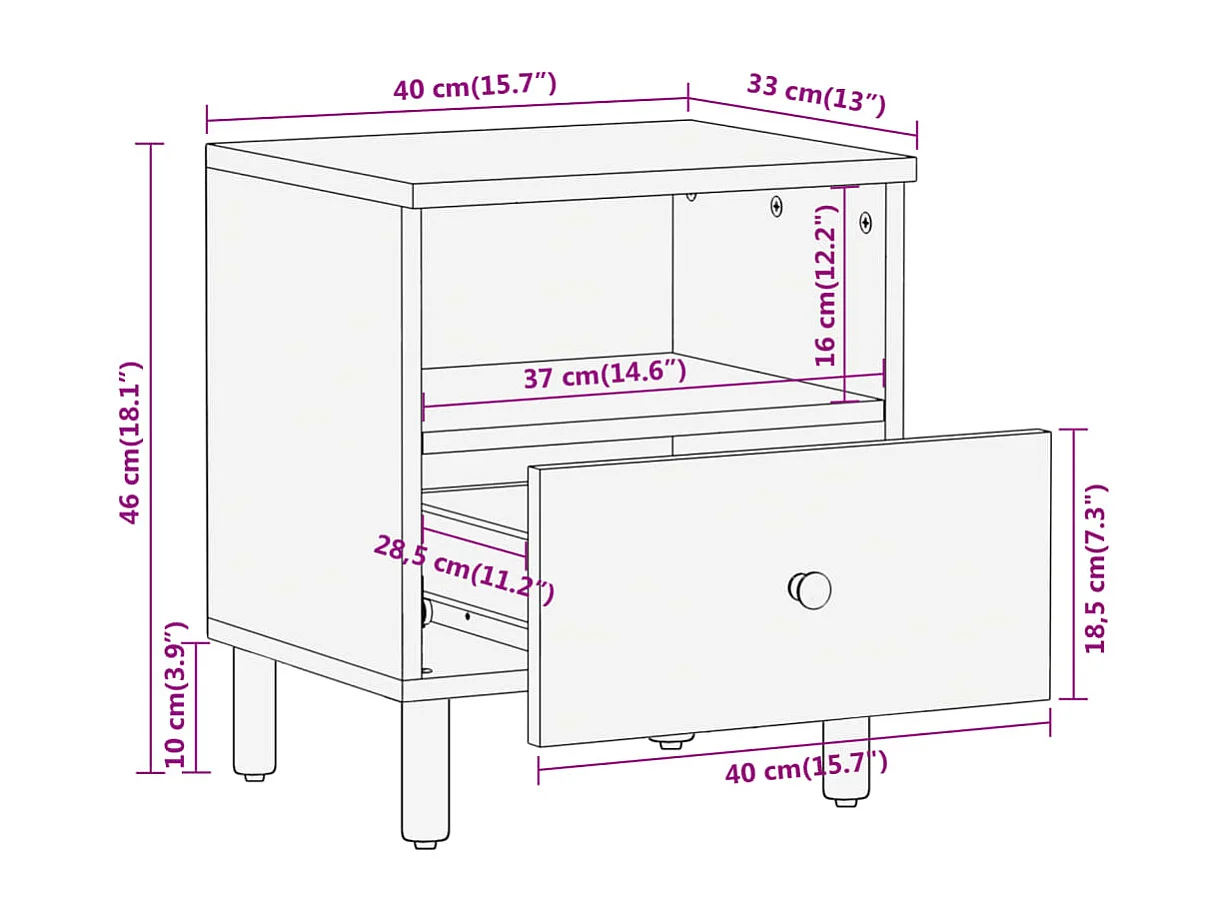 Comodino 40x33x46 cm Legno massello di mango