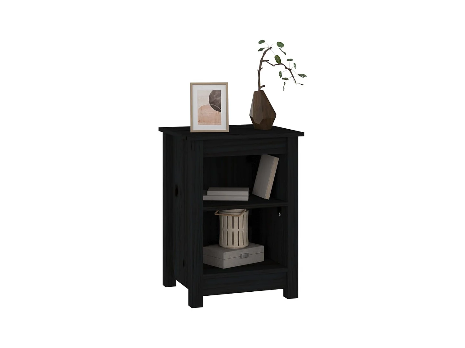 Comodino Nero 40x35x55 cm Legno massello di pino
