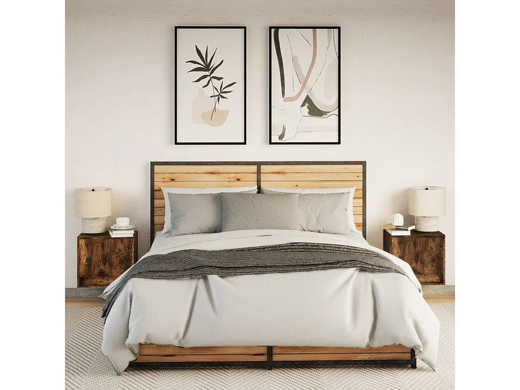 Mesitas de noche de pared con luces LED 2 piezas roble ahumado