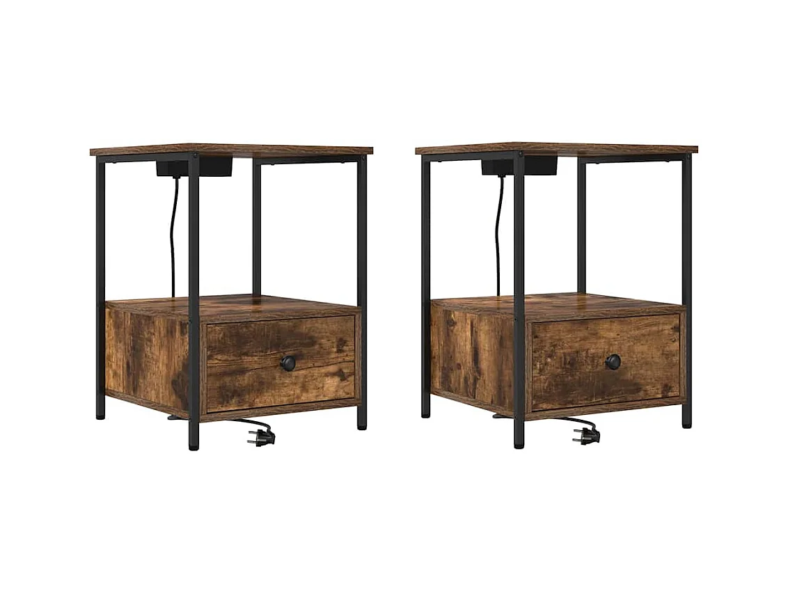 Mesita de noche con estación de carga 2 piezas Roble ahumado