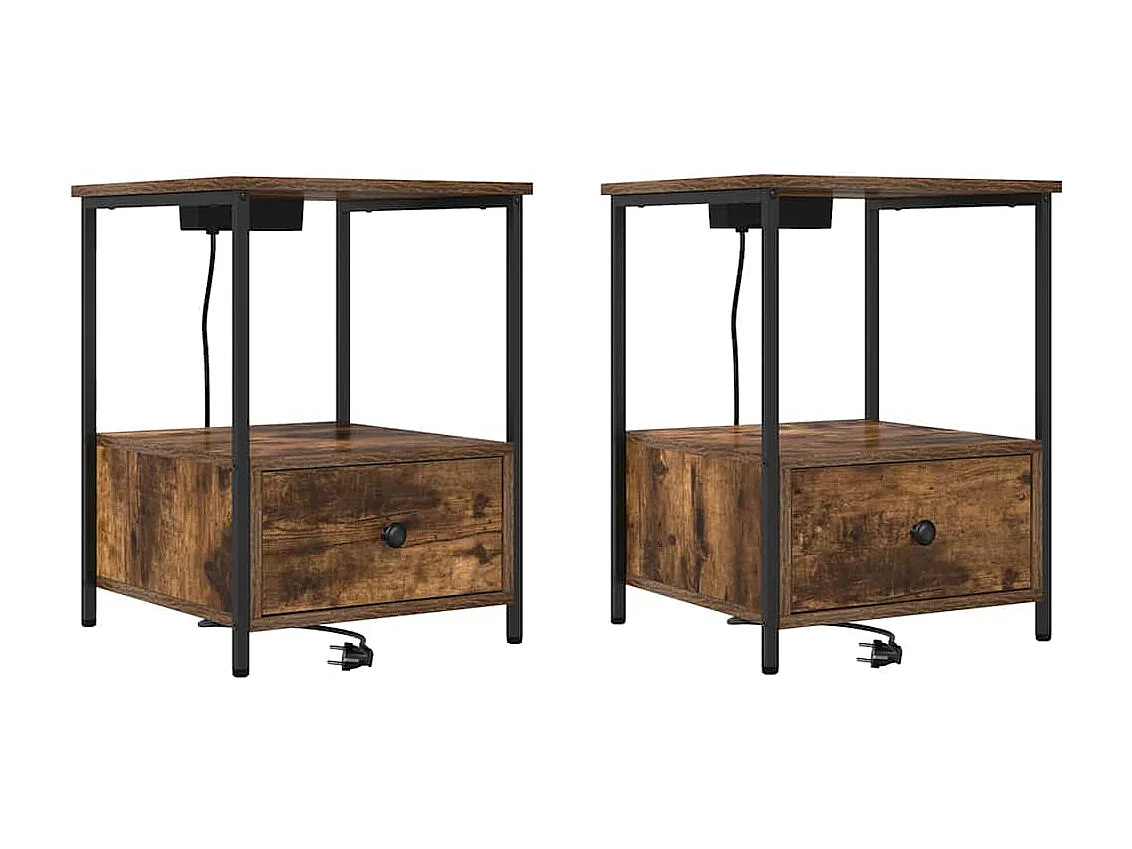 Table de nuit avec station de chargement 2 pcs Chêne fumé