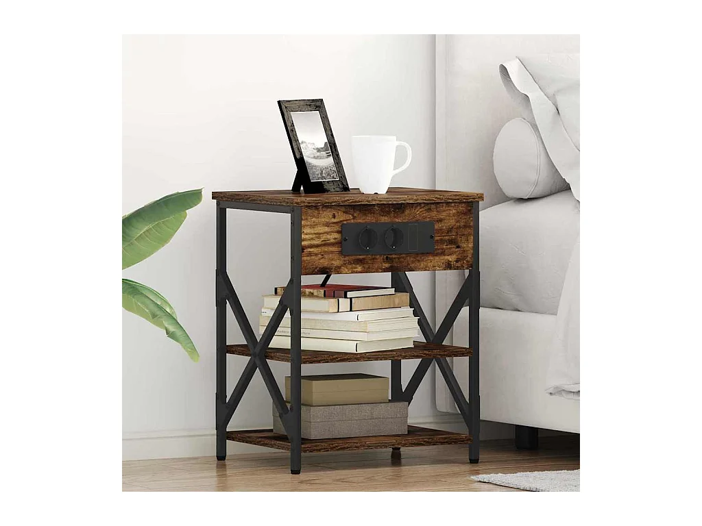 Comodino con stazione di ricarica Rovere affumicato