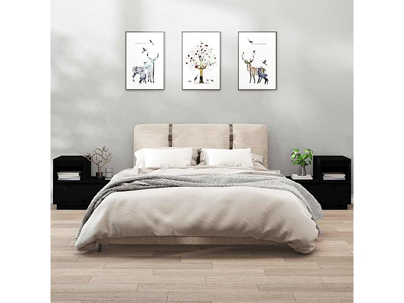 Comodini 2 pz Nero 60x34x51 cm Legno massello di pino