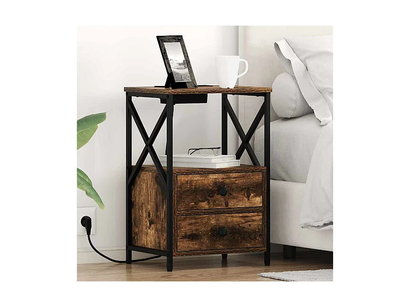 Mesita de noche con estación de carga 2 piezas Roble ahumado