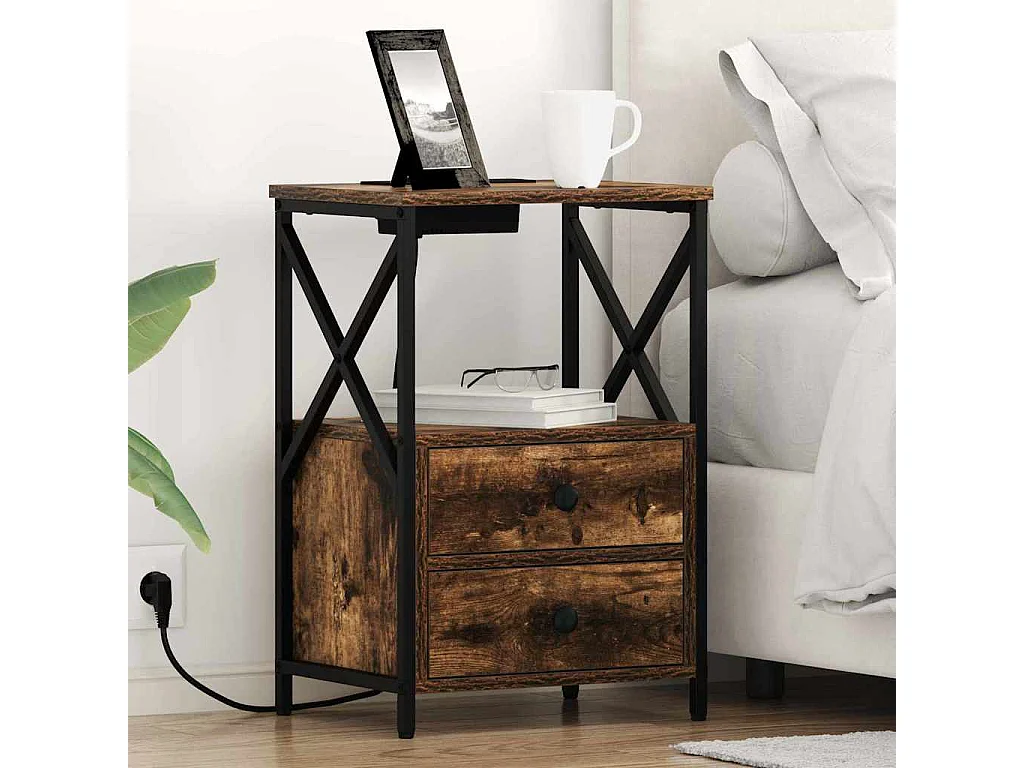 Table de nuit avec station de chargement 2 pcs Chêne fumé