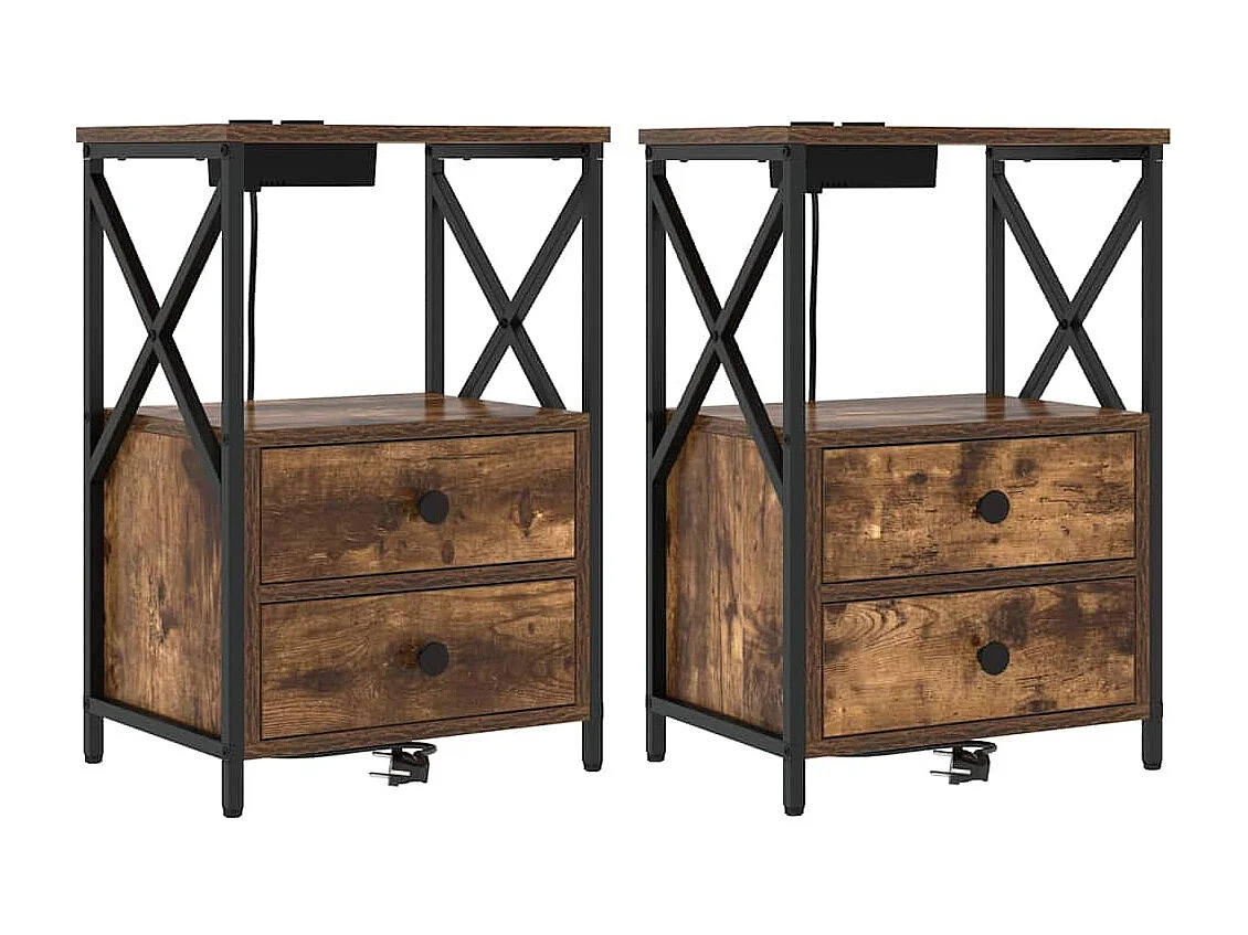 Table de nuit avec station de chargement 2 pcs Chêne fumé