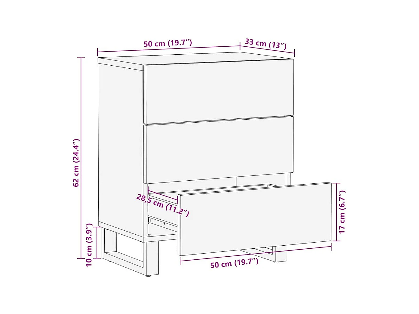 Mesilla de noche de nogal 50 x 33 x 60 cm madera maciza de mango