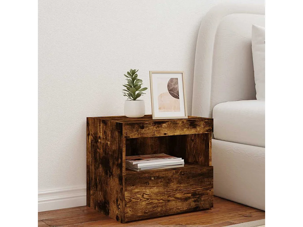 Table de chevet avec lumières LED chêne fumé 50x40x45 cm