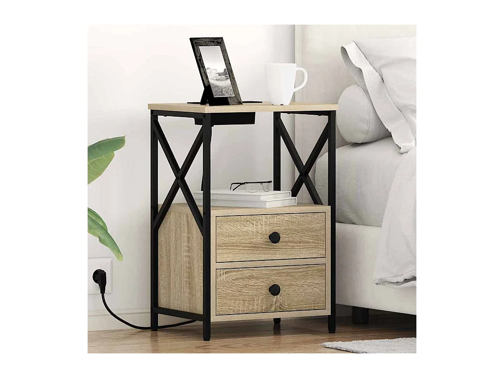 Mesita de noche de roble Sonoma con estación de carga