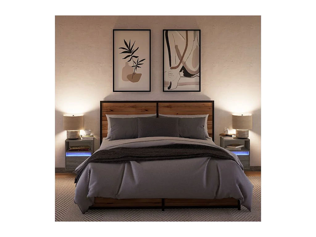 Mesitas de noche de pared con luces LED 2 piezas gris sonoma