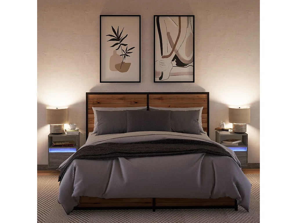 Tables de chevet murales avec lumières LED 2 pcs sonoma gris